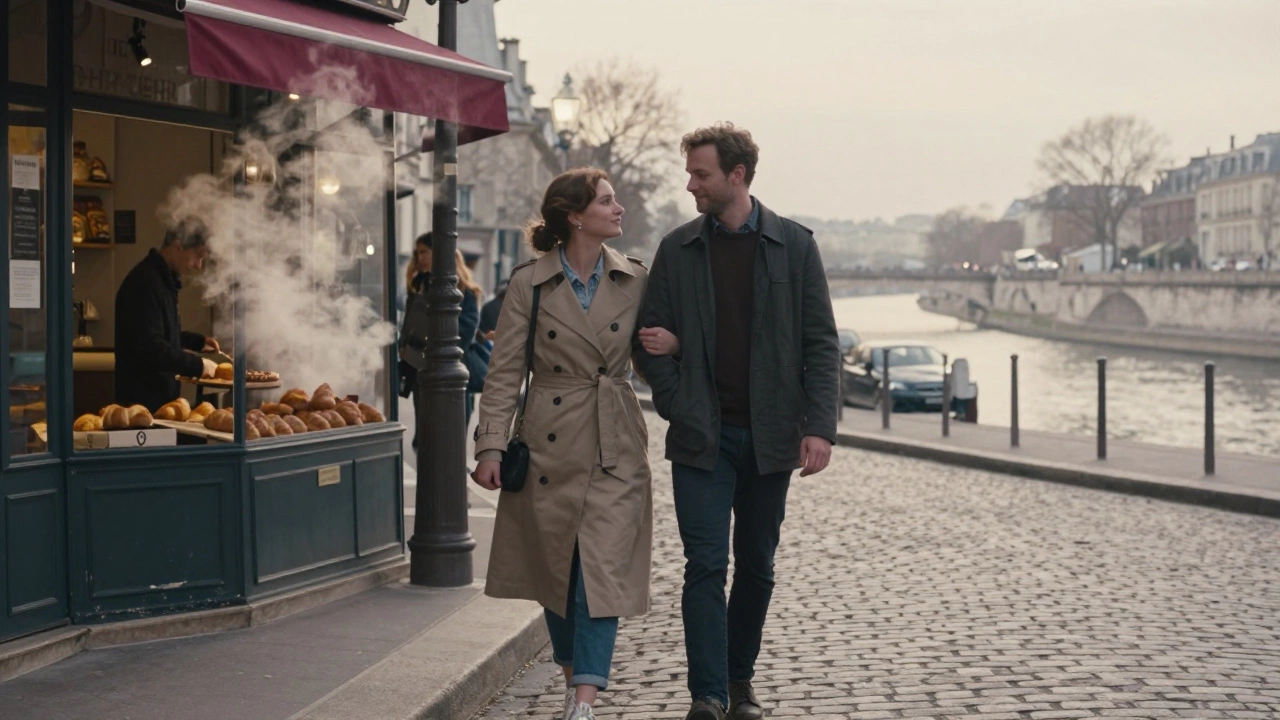 A woman and man walk together in Montmartre at dawn, passing a bakery as the Seine glimmers in the distance.