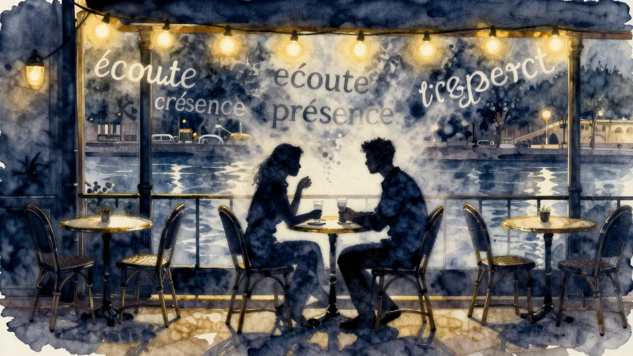 Two silhouettes at a Paris café, their shadows blending with the river’s reflection under soft fairy lights.